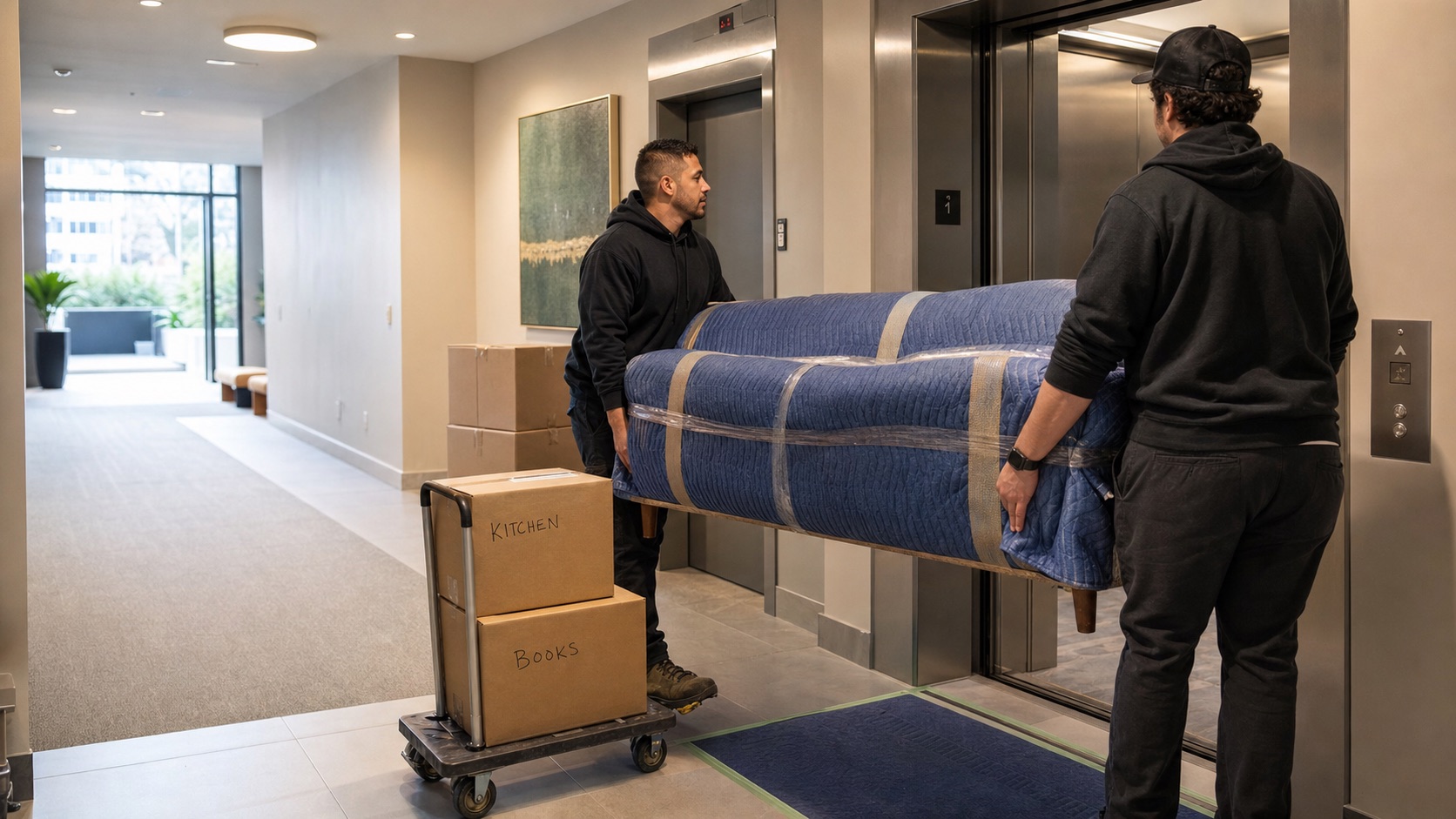 Two movers carrying a protected sofa into a condo elevator during a planned apartment move