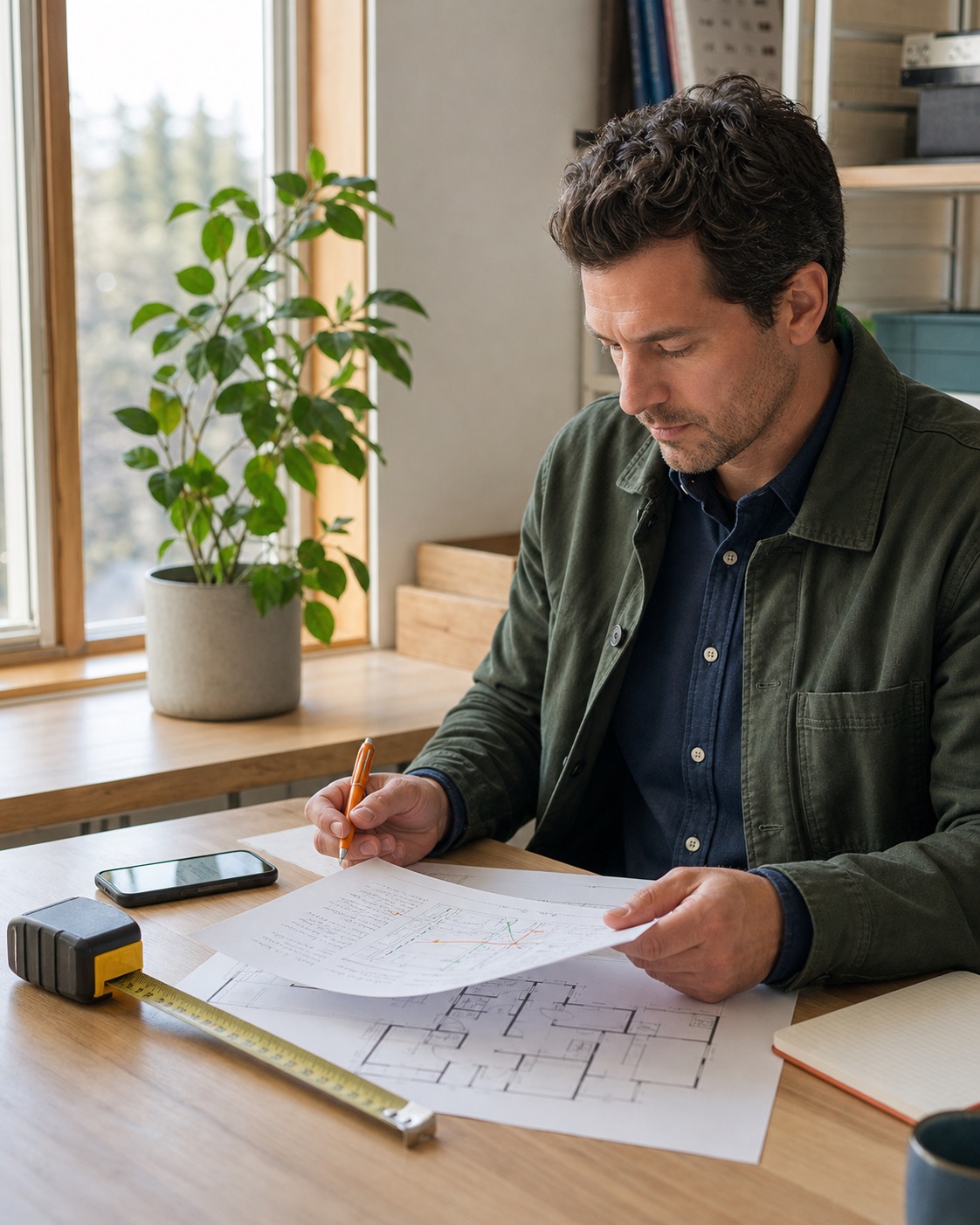 Coordinator reviewing property access and floor-plan details at a planning desk