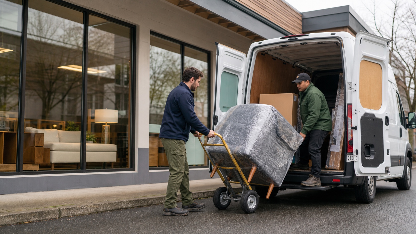 Two movers loading a wrapped furniture item from a local store into an unbranded delivery van