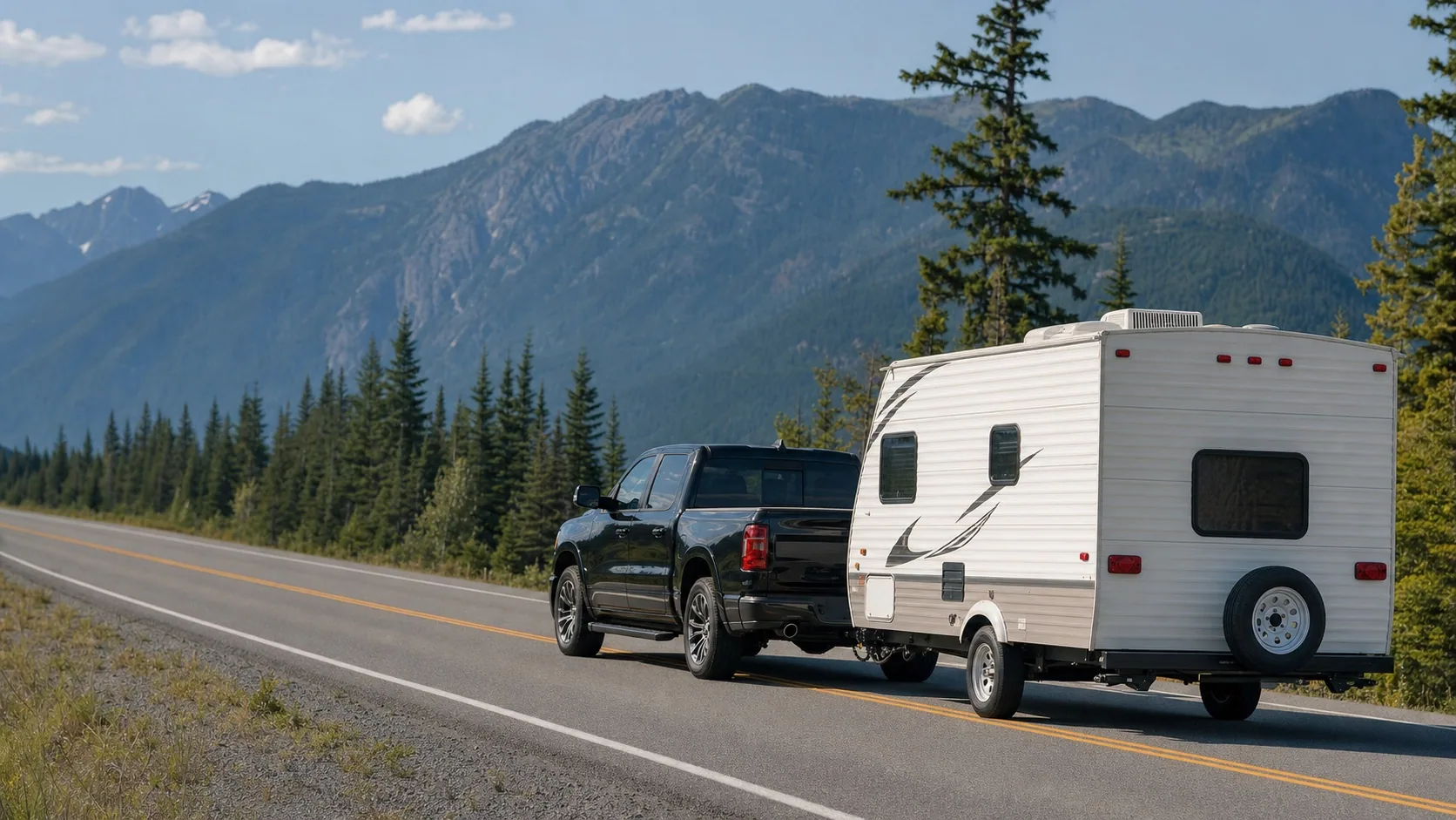 Black pickup responsibly towing a roadworthy travel trailer in British Columbia